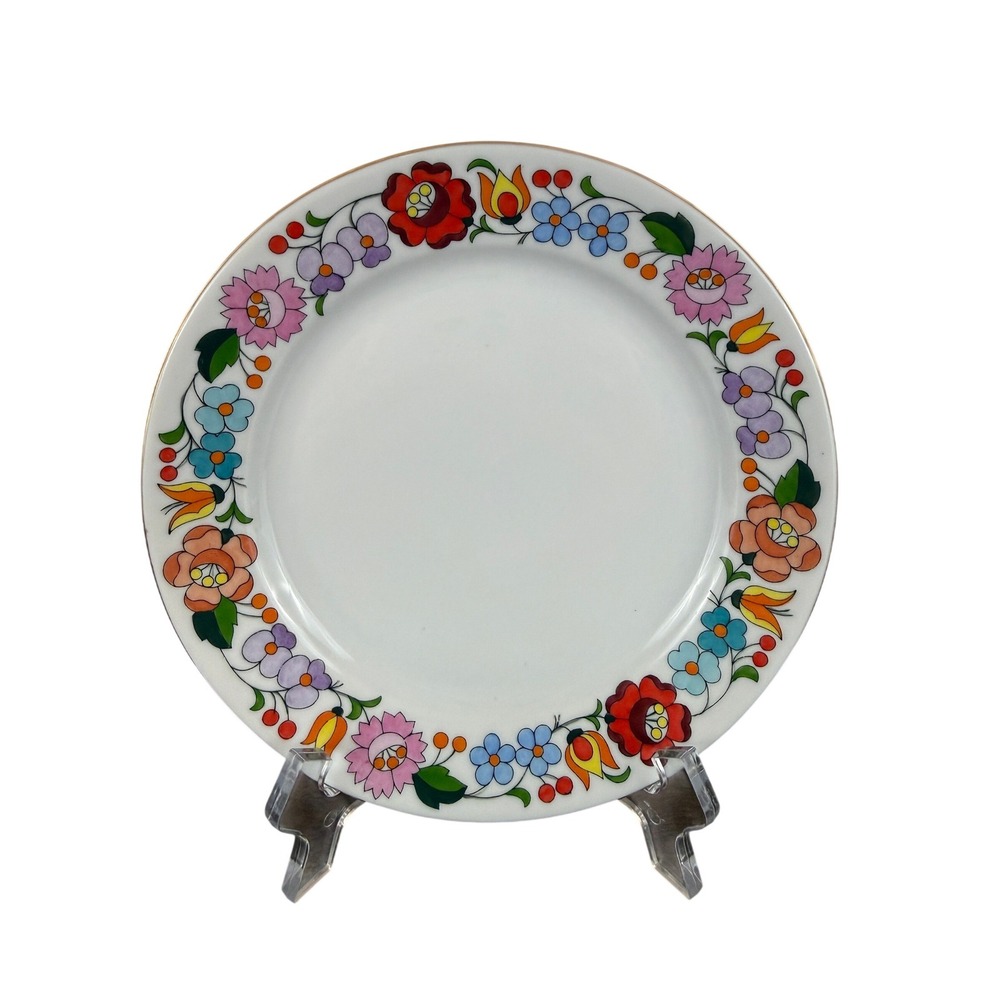 VTG Set of SIX (6) Kalocsa Hungary Handpainted Flower Power 6 3/4" Salad Plates